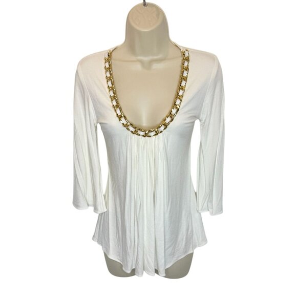 Sky White Top with Gold & Leather Embellishments NWT  - Size S - Picture 1 of 7